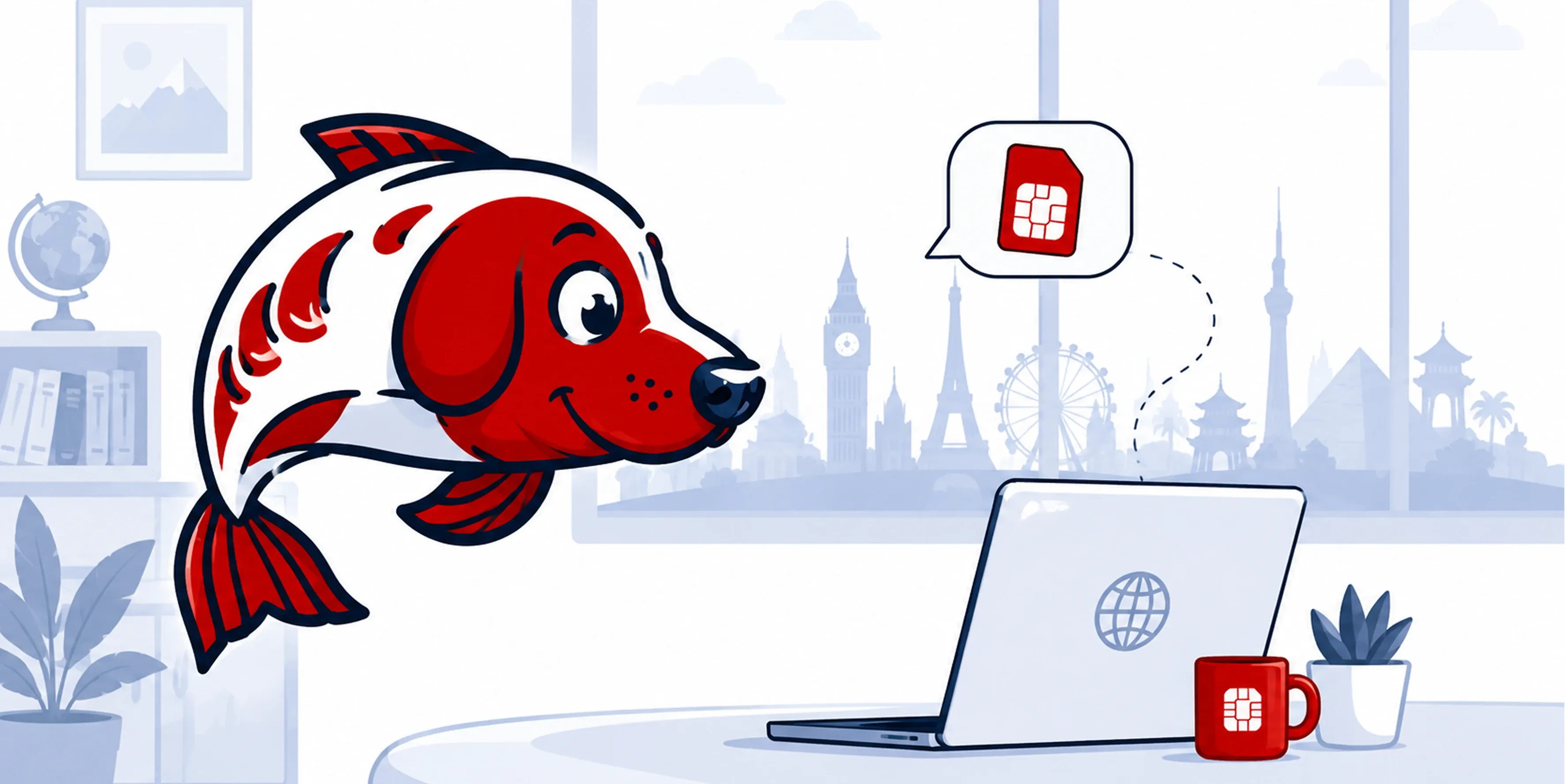 Ilustración de una mascota junto a un ordenador portátil mostrando el proceso de compra y activación de una eSIM para viajes internacionales desde casa.