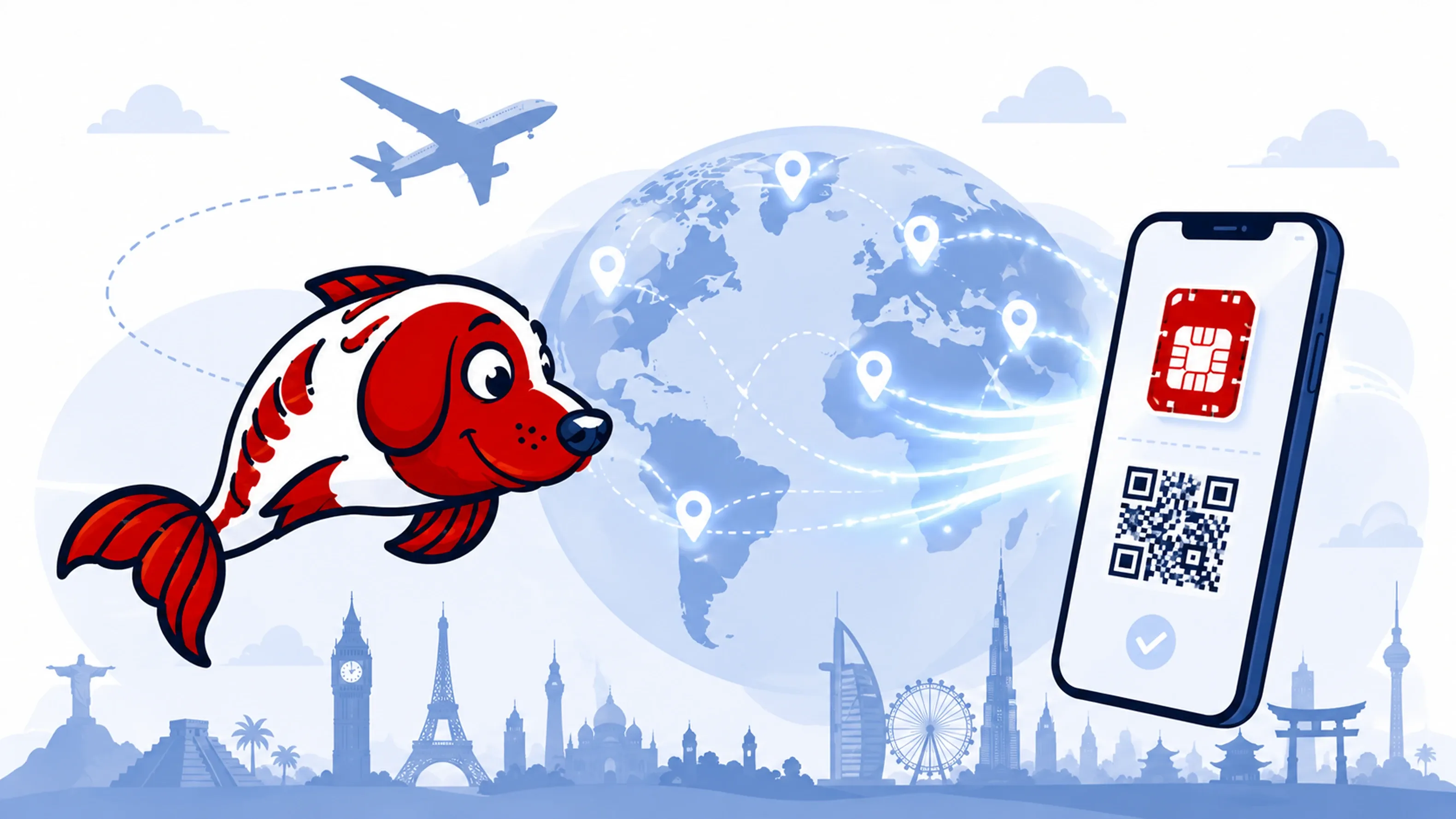 Ilustración de una eSIM para viajes internacionales con un personaje mascota, un smartphone mostrando un código QR de activación y un mapa mundial conectado por rutas globales de datos móviles.
