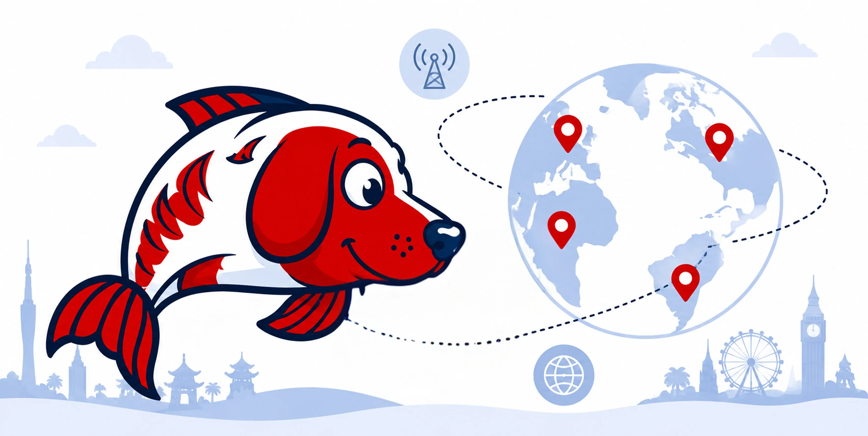 Friendly fish mascot next to a globe marked with international location pins, connected by dotted travel routes and wireless network symbols, illustrating worldwide eSIM coverage and global mobile connectivity.