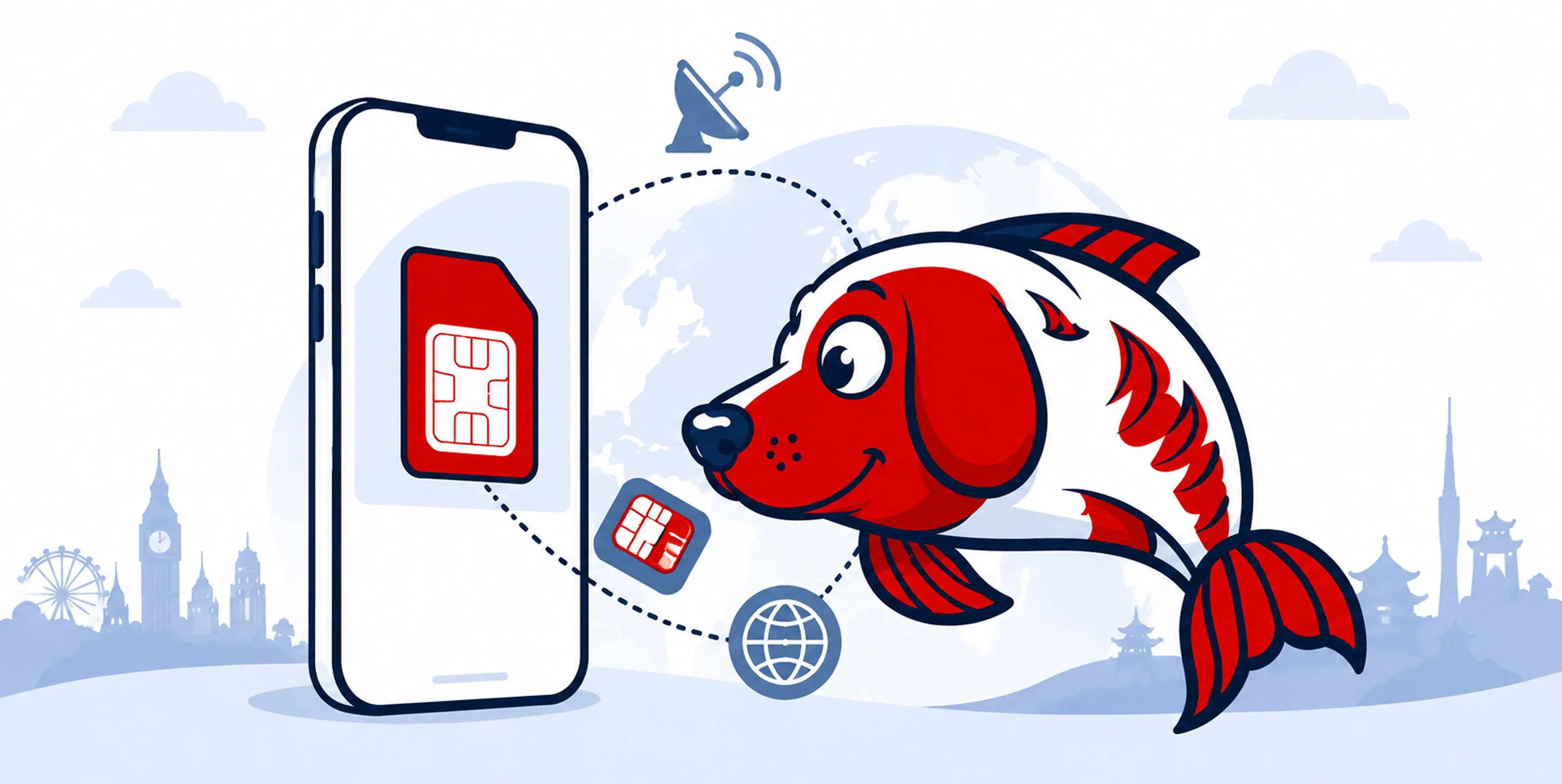 Cartoon fish mascot beside a smartphone displaying a SIM card, with global connectivity icons, satellite communication symbols, and international landmarks in the background representing eSIM technology and worldwide mobile connectivity.