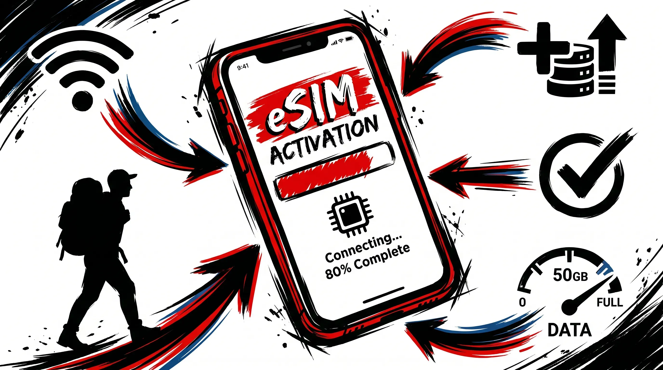Bold graphic illustration of a smartphone displaying an eSIM app, surrounded by minimal icons and dynamic brushstroke arrows on white background.