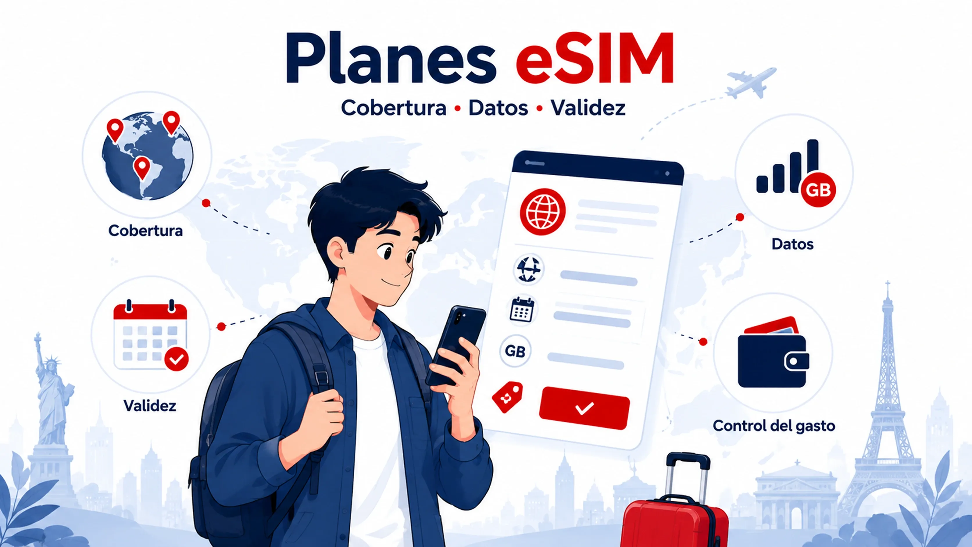 Ilustración de planes eSIM internacionales que muestran cobertura global, datos móviles, período de validez y control del gasto para viajeros.