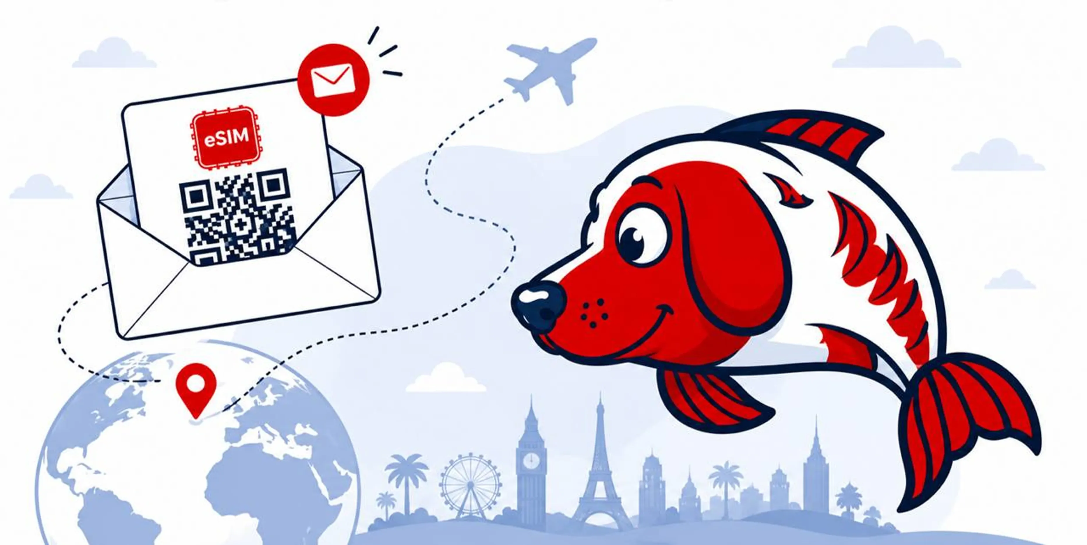 Friendly red-and-white fish mascot beside an email containing an eSIM QR code, with a globe, airplane route, and international landmarks representing global mobile connectivity and travel eSIM activation.