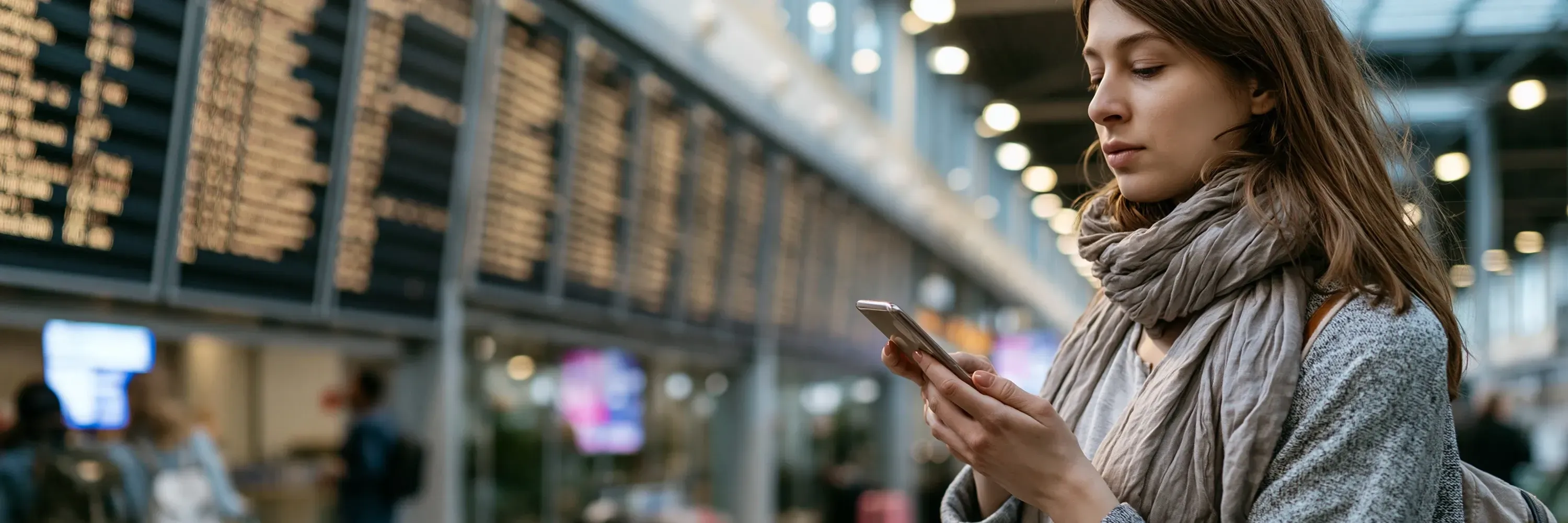 Young traveler using a smartphone inside an airport terminal with flight information boards in the background, representing mobile connectivity, travel technology, digital travel planning, and real-time travel information access.