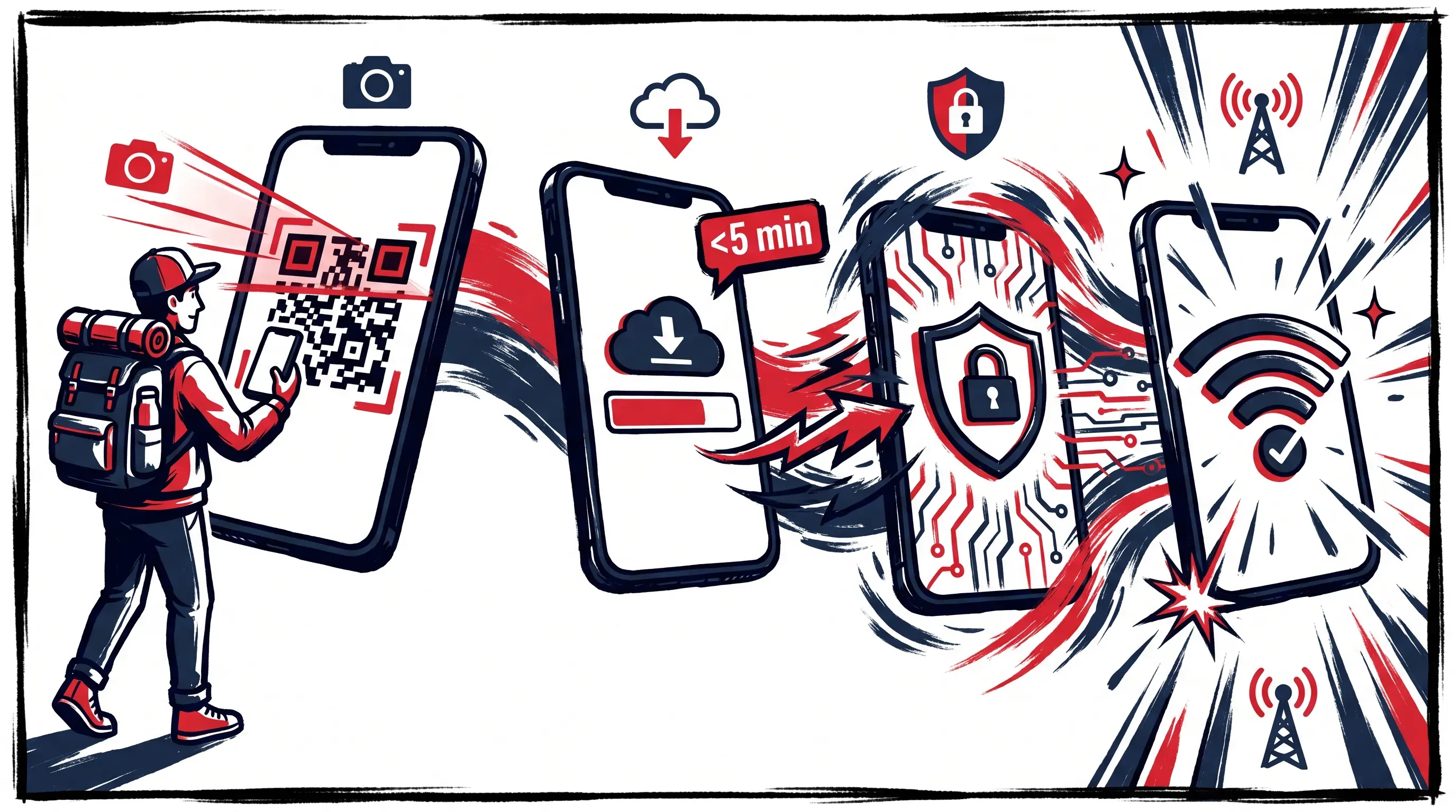 A comic-style scene showing a smartphone morphing through eSIM activation stages with a traveler, bold colors, and energetic brushstrokes.